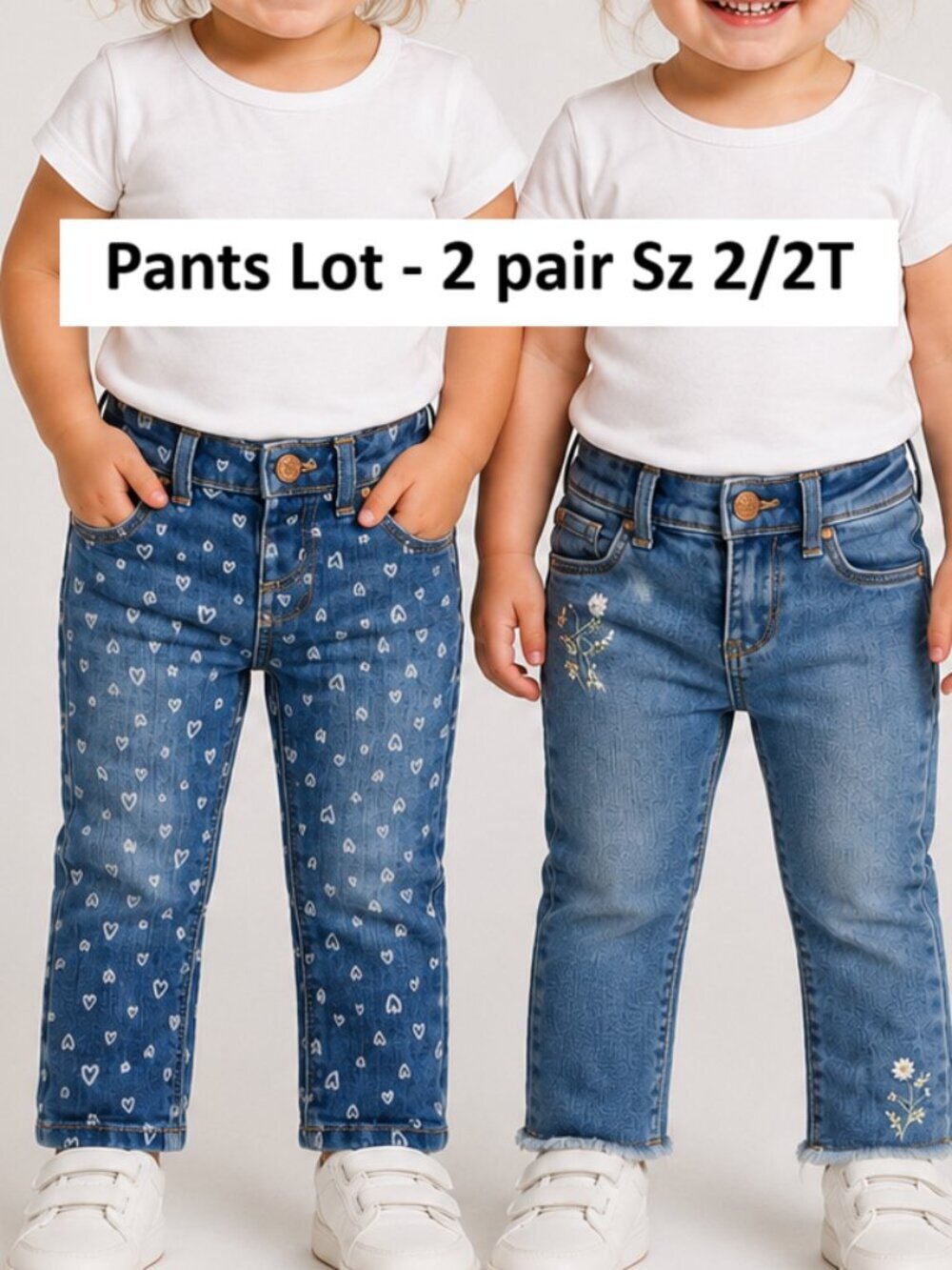 Jeans Lot Girls Sz 2 / 2T - Joe Fresh, Old Navy - Hearts Floral Adjustable Waist